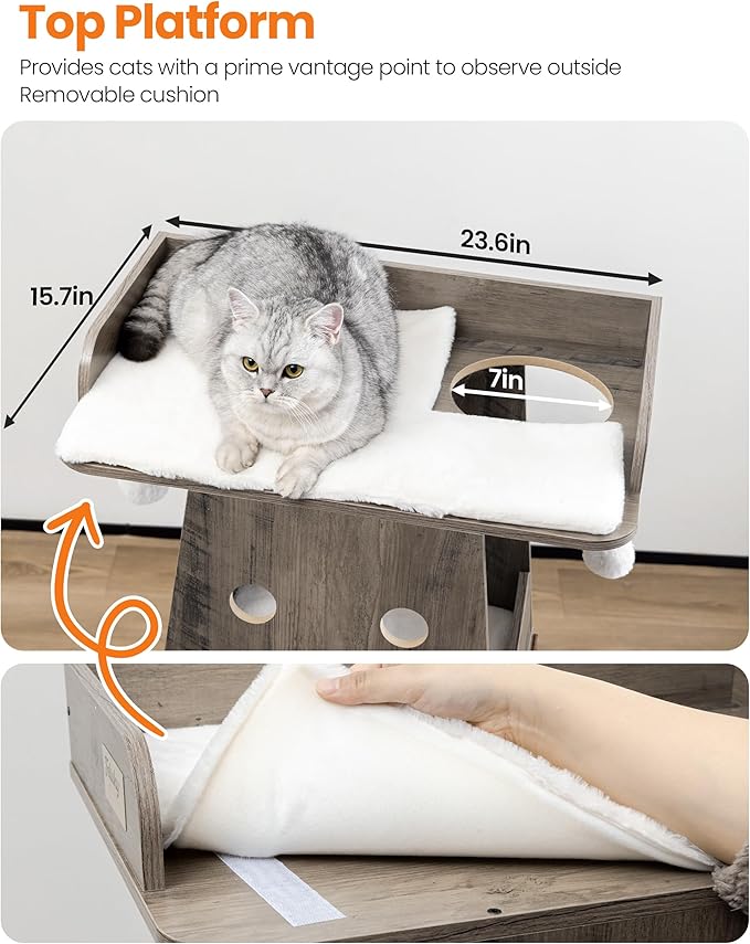 Modern Wood Cat Tree for Indoor Cats, 56 Inch Tall Cat Tower with Hammock, Multi-Level Trees with Perch Bed, 2 Hammock, Cat Condo, Scratching Board, Removable Pads, Cat Furniture, Greige