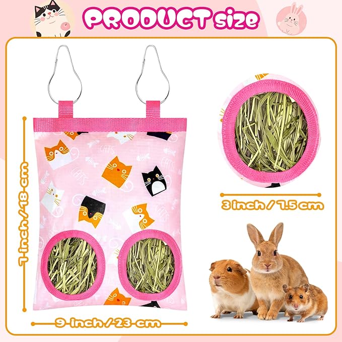 2 Pack Rabbits Hay Feeder Bag, 2 Holes Hanging Bunny Hay Feeder Guinea Pig Feeding Bag Storage Dispenser for Bunny Rabbits Chinchillas Hamsters Small Pets and Animals