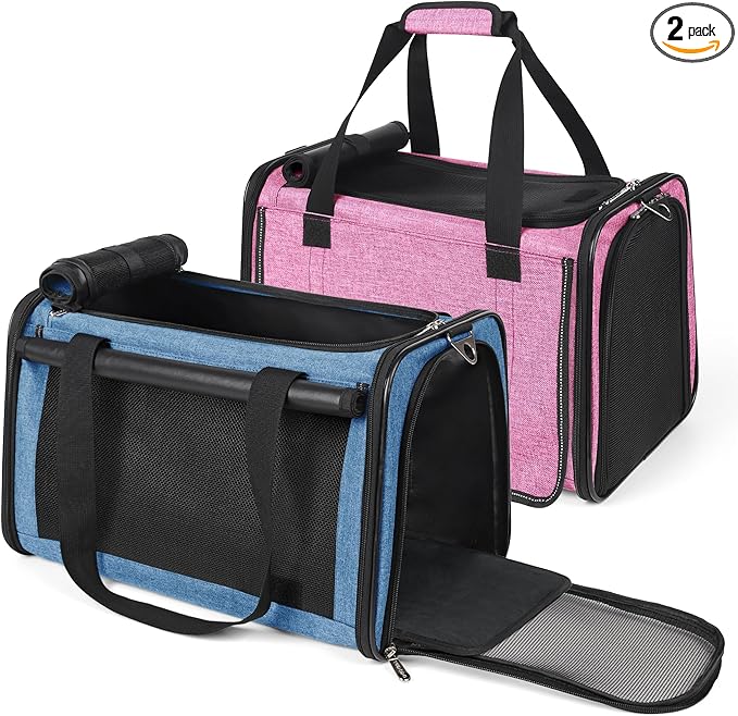 YUDODO 2 Packs 25 lbs Lightproof Soft Sided Pet Carrier for Large Cat & Small Dog Airline Approved Travel Bag Puppy Carriers with Side Pockets & Reflective Mesh, Foldable Portable Pink+Lake Blue