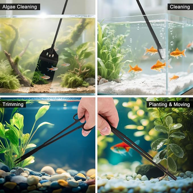 7pcs Aquarium Cleaning Kit Fish Tank Cleaning Tools Set | Professional Fishtank Cleaner Including Algae Scraper Brush Tweezer Gravel Vacuum Fish Net Duster for Dirt Water Change