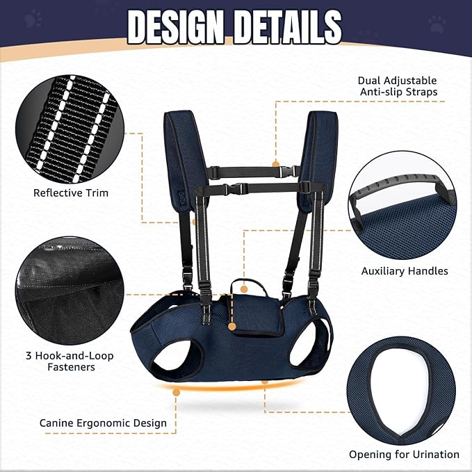 Nasjac Dog Lift Harness Carrier Backpack - Full Body Sling with Adjustable Straps & Handle, Breathable Support Emergency Rescue Kit for Elderly Injured Arthritic Disabled Medium Large Dogs, 3XL