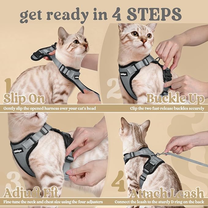 rabbitgoo Cat Harness and Leash for Walking, Escape Proof Soft Adjustable Vest Harnesses for Cats, Easy Control Breathable Reflective Strips Jacket, Grey, S