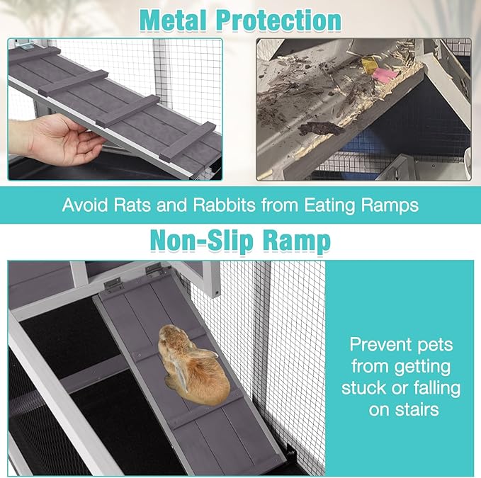 Suumerpety 62" Rabbit Hutch with Chew-Proof Ramp & Waterproof Roof - Indoor/Outdoor Bunny Cage, 2-Story Design, 6 Lockable Caster Wheels & Dual Pull-Out Trays (Grey)