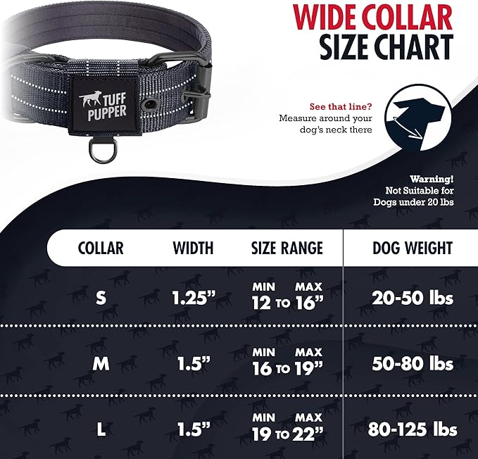 Tuff Pupper Heavy Duty Tactical Dog Collar | 1.5" Wide Ballistic Nylon | Reflective Stitching | Integrated ID Tag Holder | Stainless Steel Buckle | Padded Lining | Medium & Large Dogs (Black, Medium)
