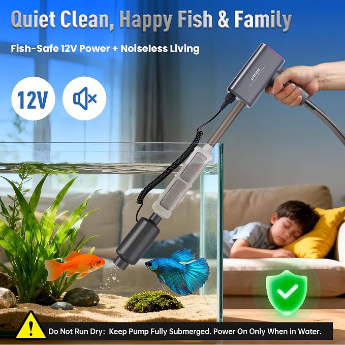 Cordless Aquarium Gravel Cleaner: 36W Electric Fish Tank Vacuum Cleaner | Rechargeable & 4 Adjustable Suction, Anti-Clog for Debris Clean & Sand Washing,Automatic Water Changer for 10-75 Gallon Tank