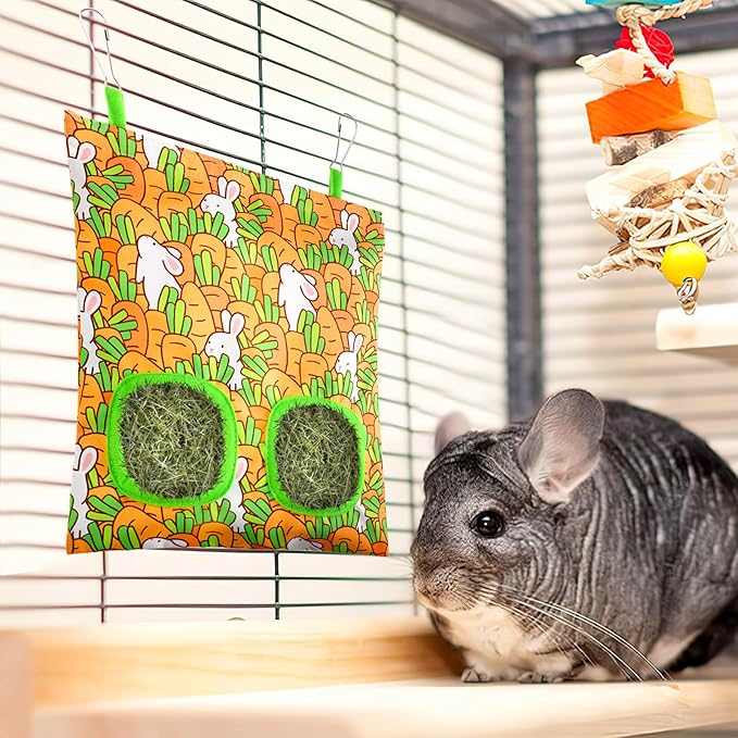 UPINS 3 Hay Bag for Rabbits 2-Hole Hanging Hay Feeder Guinea Pig Hay Bags, Hay Feeder for Rabbits Chinchillas Hamsters Small Pets and Animals(Light Color)