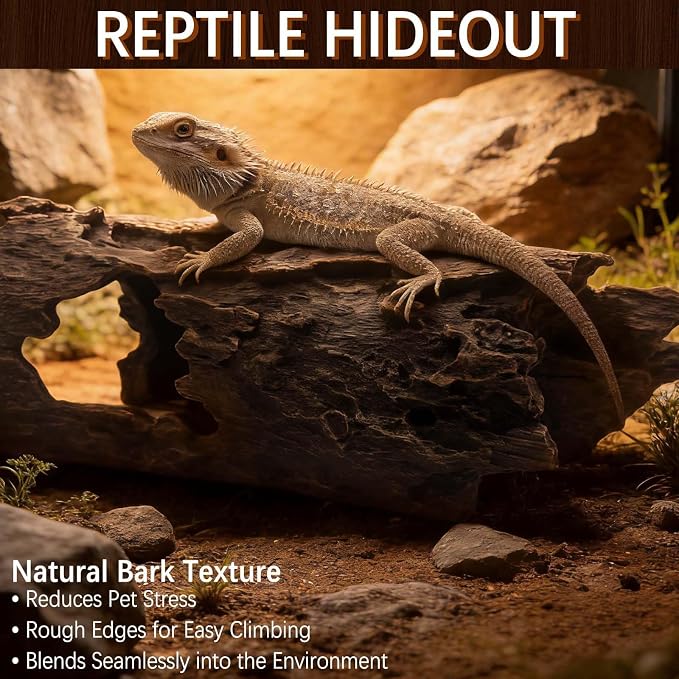 Tfwadmx Bearded Dragon Hide, 13.5" Large Reptile Hideout, Resin Simulated Hollow Log for Aquarium, Betta Fish Hideout, Reptile Tank Accessories for Corn Snakes, Young Ball Pythons, Geckos, Axolotls