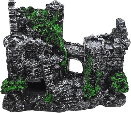 Aquarium Resin Castle Decor, Large Ancient Stone Castle Fish Tank Ornament with Caves & Tunnels, Realistic Hideout for Betta Fish, Guppies, Shrimp, Turtles (Freshwater & Saltwater Safe)