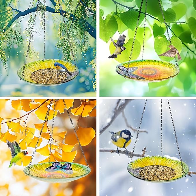 Hanging Bird Baths Outdoor Glass Birdbaths Garden Bird Feeder for Yard Lawn Decor Sunflower