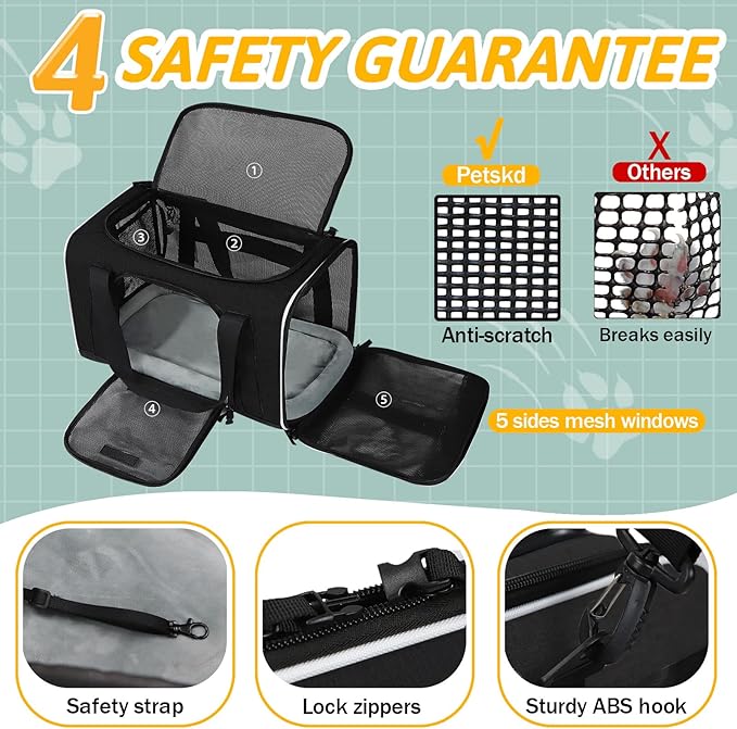 Petskd Pet Carrier 18x11x11 Delta American United Airline Approved, Pet Travel Carrier Bag for Small Cats and Dogs, Cat Soft Sided Carrier with Safety Lock Zippers, 5-Sided Breathable Mesh(Black)