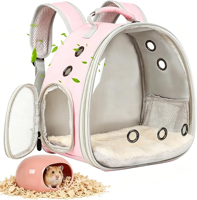 2-Pack Small Animal Backpack Carrier & Ceramic Hamster Hideout for Cooling Summer, Hamster House and Habitat Cool Bed for Other Similar-Size Small Pet Gerbil Rat Chinchilla