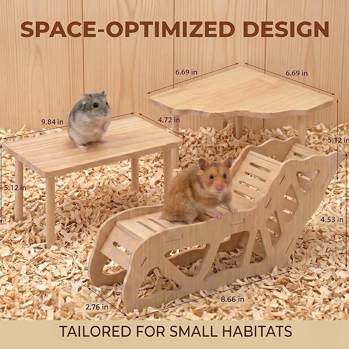 3-Piece Wooden Hamster Platform Set & Tunnel Hideout, Enrichment Natural Wood Hamster Cage Accessories, Climbing Toys & Hides for Syrian, Dwarf, Gerbil, Mice, Habitat Essentials & Decor