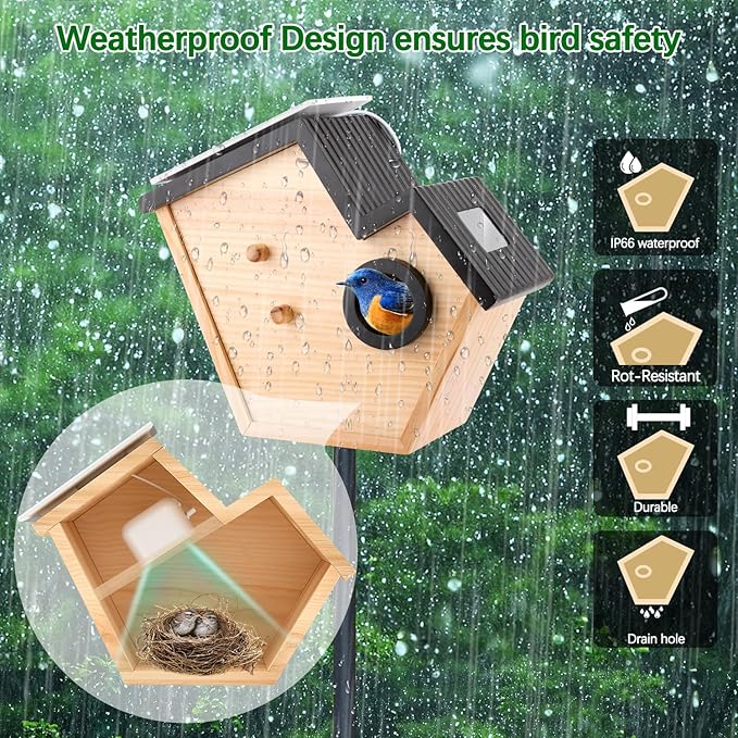 Bird House with Camera, 4MP Smart Birdhouse Camera with Solar Powered, Birdhouse Cameras for Families, Motion Detection & 32GB SD Card, Watch Bird Nesting & Hatching in Real Time