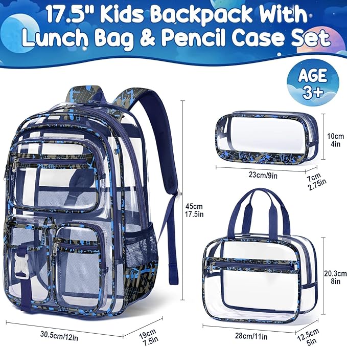 Fimibuke Clear Backpack for Boys, 3PCS Heavy Duty PVC Transparent Boys Backpack with Lunch Box & Pencil Case, School Stadium Event Approved Toddler School Bookbag for Preschool Kindergarten Elementary