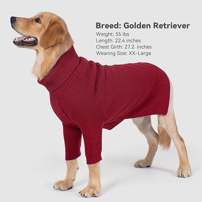 cyeollo Dog Christmas Sweater Turtleneck Soft Knitted Sweaters with Long Sleeves Warm Cozy Dog Clothes for Large Dogs, Burgundy 2XL