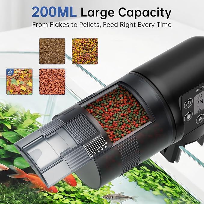 AQQA Automatic Fish Feeder 200ML, Programmable LCD Timer Auto Aquarium Feeder, Moisture-Proof Silent Fish Food Dispenser, Vacation Auto Feeder for Small Tank Betta Fish Turtle