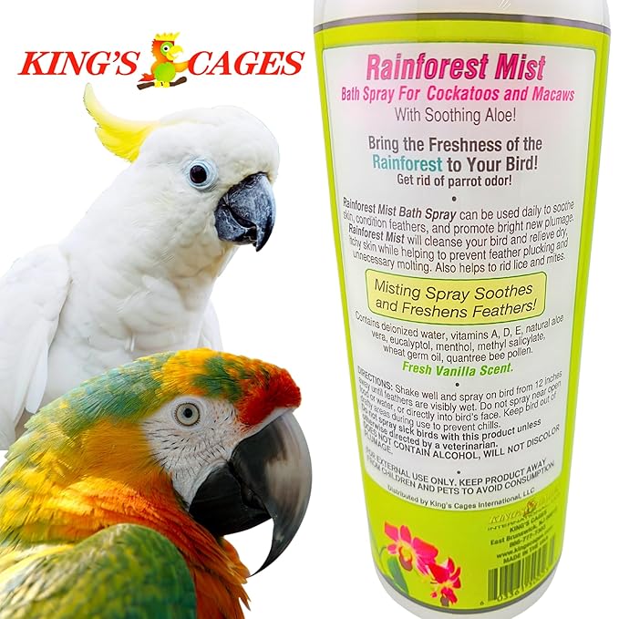 King's Cages Rainforest Mist White Spray 17 oz. Feather Conditioning Bath Mist with Vanilla Scent for Cockatoos and Macaws Parrots