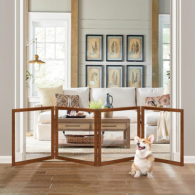 LZRS Extra-Wide Clear Dog Gate for Indoor Use - Transparent Pet Fence with Solid Hardwood and Plastic Board, Stylish & Durable freestanding Pet Gate for Doorways, Stairs and Hallways-4 Panel Cherry