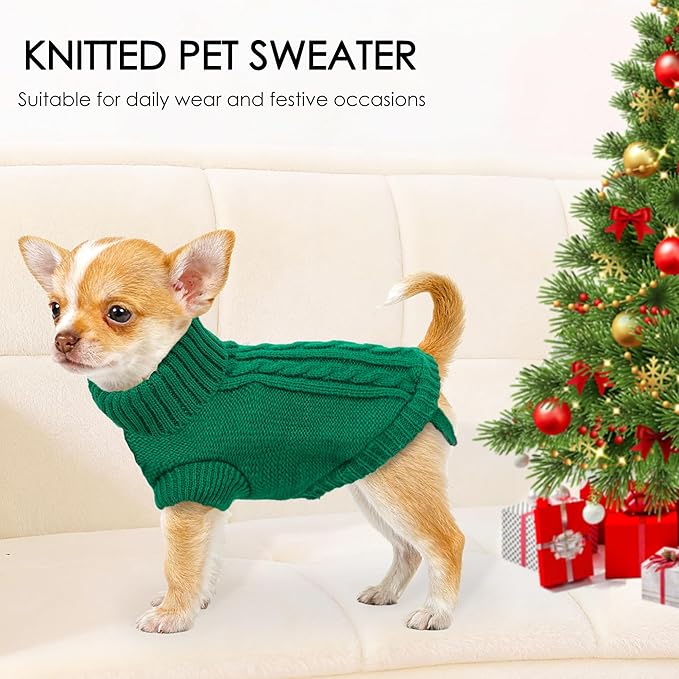 XS Dog Sweater, 2 Pieces Knitted Turtleneck Christmas Dog Sweaters Winter Dog Clothes for Small Dogs Teacup Chihuahua Yorkie Warm Puppy Pet Cat Sweater Outfits, Green and Purple, XSmall