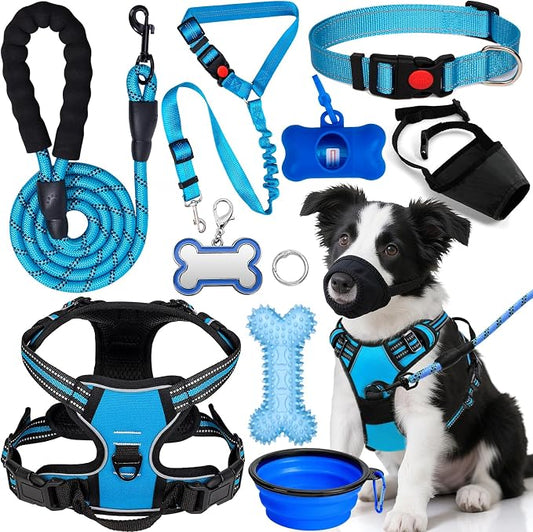 No Pull Dog Harness Adjustable Collar & Leash Set - Dog Halter Harnesses Collapsible Bowls & Poop Bag Dispenser Muzzle ID Tags Toys Fits Small Medium Large Dogs (Blue-M)