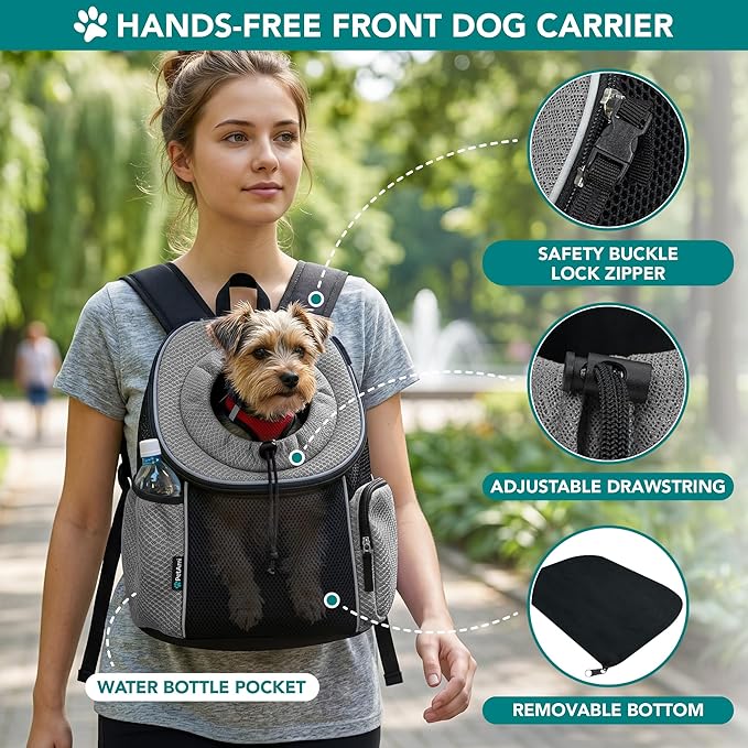 PetAmi Front Carrier Backpack for Dogs and Cats - Ventilated Adjustable Pet Chest Carrier for Hiking, Camping, Travel - Small to Medium Pets Up to 10 lbs - Grey