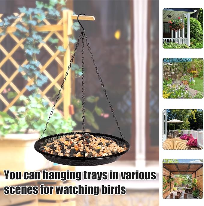 HRAYLTOP Hanging Bird Feeder Bowl with 16.3 inch Iron Hanging Chain Detachable Outdoor Decor for Garden Backyard Patio and Deck - Perfect for Attracting Birds