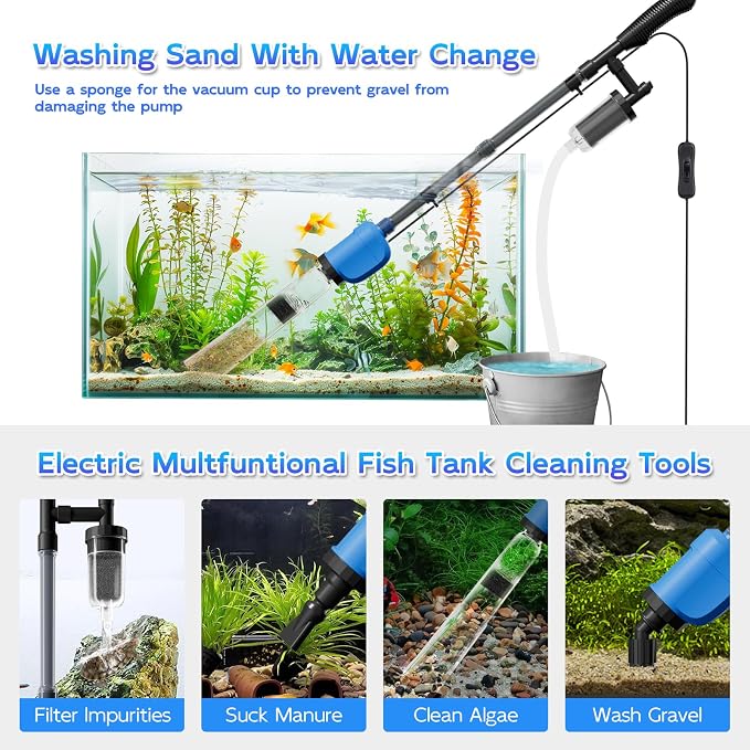 6-in-1 Electric Aquarium Gravel Cleaner, 530GPH Fish Tank Vacuum Cleaner with Upgraded Extended Sand Washer Cup, Water Changer, Debris Remover & Circulation Pump, Quiet 32W Pump for Freshwater Tanks
