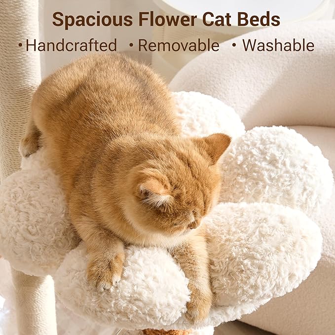 Modern Cat Tree Tower with Scratching Post for Indoor Cats Up tp 12lbs, 50.5" Tall Cat Tree with Flower/Fluffy Cat Beds, Acrylic Capsule, Multi-Level Platforms & Interactive Toy, White & Brown