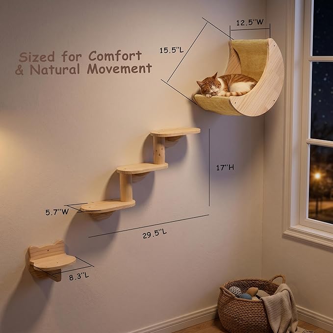 Cat Shelf for Wall Mount Hammock with 3-Levels Climbing Ladder and Shelves Moon Cats Wall Furniture for Activity Indoor Kitty (3-Levels Steps)