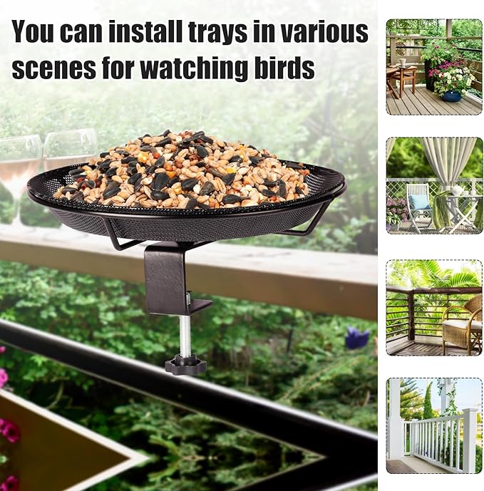 HRAYLTOP Deck Mounted Bird Feeder Bowl with 1.8 inch Thick Iron Clamp - Detachable Outdoor Decor for Garden Backyard Patio and Deck - Perfect for Attracting Birds