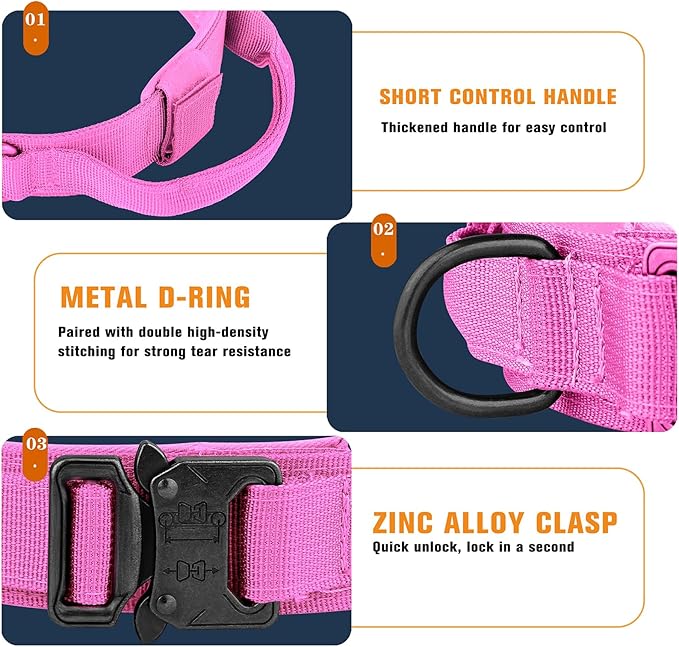 HYDEME Tactical Dog Collar Adjustable Nylon Collar with Control Handle and Heavy Metal Buckle for Medium and Large Dogs, with Patches&Airtags Case&Poop Bag Dispenser&Portable Bowl.(XL, Pink)