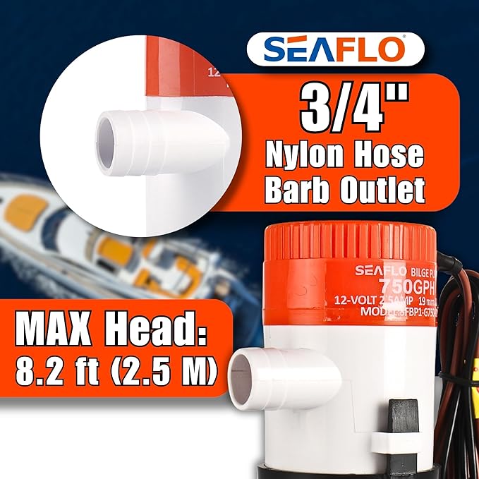 SEAFLO 01 Series 750 GPH Bilge Pump – 12V, 3/4" Outlet, Marine Submersible Pump with Anti-Airlock Protection, CE & Rohs Certified, 4-Year Warranty | Reliable for Boats and Marine Applications
