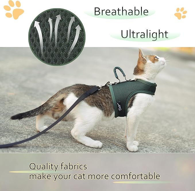 Kitty Harness and Leash for Walking Escape Proof Breathable Mesh Fabric, Solid Green, X-Small, Adjustable Cat Walking Jackets with Handle, Padded Stylish Cat Vest