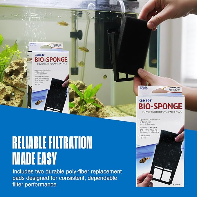 Penn-Plax Cascade 300 Power Filter Replacement Bio Sponge, 2 Pack -Durable Aquarium Filter Media Compatible with Cascade Power Filters -Improves Water Flow & Filtration Efficiency -Black, 7 x 1 x 5 In