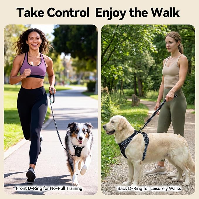 PHOEPET Reflective Dog Harness No Pull Large Breed Vest with 2 Metal Leash Attachment Hooks(XL, Black)