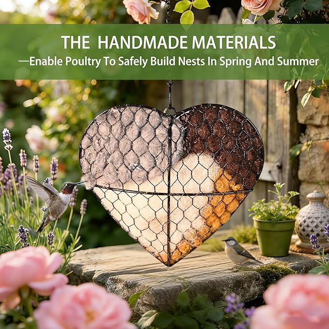 Bird Nesting Material Holder, Handmade Fiber Bird Nesting Heart with Refillable Material for Wild Bird, Hummingbird Houses Outdoor Garden Decoration Outside Gifts for Birds Lovers