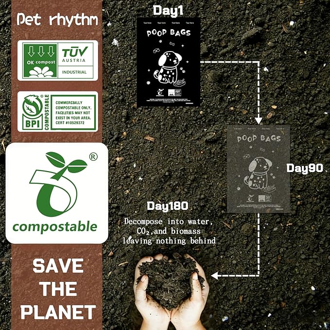 100% plant-based Dog Poop Bags Rolls, ASTM D6400 & EN 13432 Compliant, 240 Poop Bags including dispenser, 13 in × 9 in black poop bags for dogs, Super thick 100% leak proof