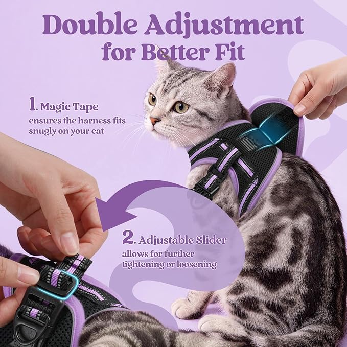 rabbitgoo Cat Harness and Leash Set for Walking Escape Proof, Adjustable Soft Kittens Vest with Reflective Strip for Cats, Comfortable Outdoor Vest, Black & Light Purple, L
