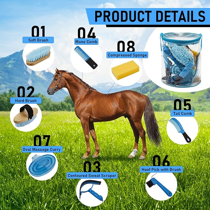 Cunhill 9 Pcs Horse Grooming Kit Tack Room Supplies Set with Tote Bag, Oval Massage Curry, Hard and Soft Brush, Hoof Pick, Sweat Scraper, Bathing Sponge, Comb for Horse Rider(Cute,Blue)