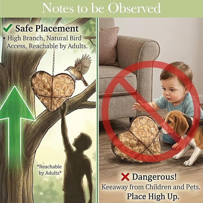 Handmade Fiber Bird Nesting Heart – Natural Nesting Material for Wild Birds, Refillable Jute & Cotton Holder for Garden, Patio & Outdoor Decor (2pcs)