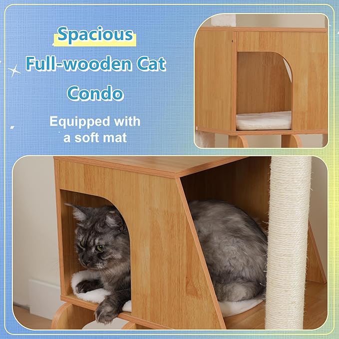 Hey-brother Wooden Cat Tree, 69.7 inch Cats Furniture Tower with Large Platforms, Hammocks, Spacious Condo, Full Sisal Scratching Posts, Ladder, Brush, Water Proof Surface, Walnut MPJ121WB