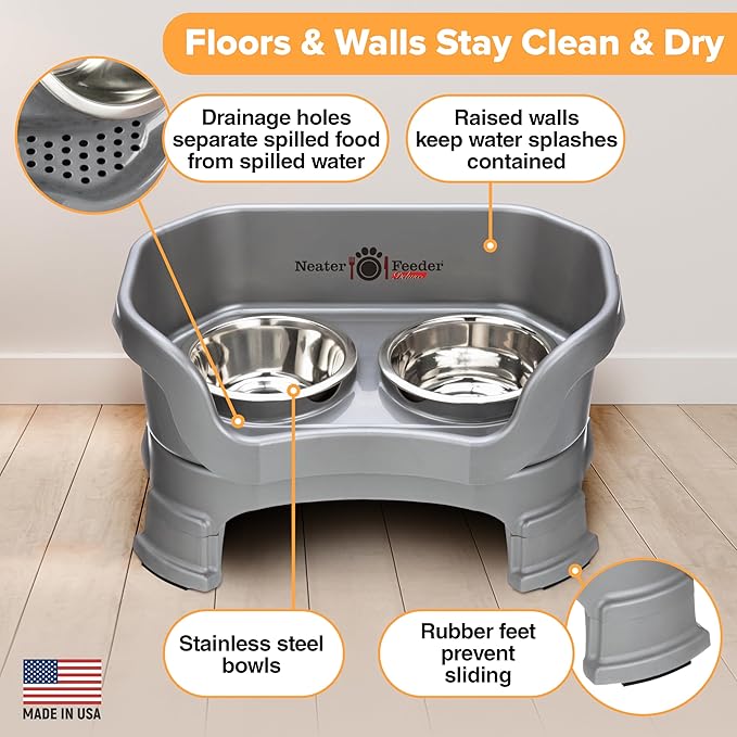 Neater Feeder Deluxe Mess-Proof Elevated Cat Bowls, 2 Height Adjustable (6” & 7.5”) No-Spill Raised Cat Bowl Stand, Whisker Friendly Stainless Steel Dishes for Indoor Cats, Made in USA, Gunmetal