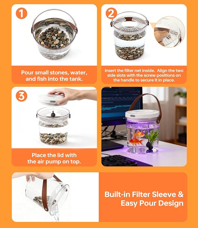 Betta Fish Tank Small Aquarium: 1.2L Portable Plastic Bowl Desktop Fishtank | Mini Beta Tank Kit Critter Keeper Transport Cage Container Travel Carrier Catch and Release for Beach Office Display