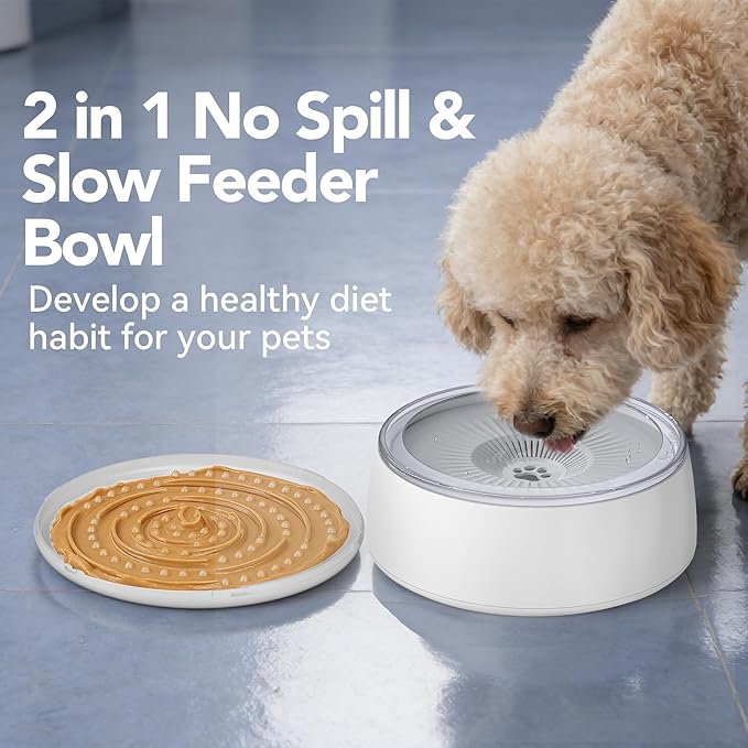 Newget 3L No Spill Dog Water Bowl (101oz) – Slow Drinking Pet Bowl with Replaceable Filter & Slow Feeder Mat, Splash Proof Travel Bowl for Large Dogs Cats, Car & Home Use – Grey