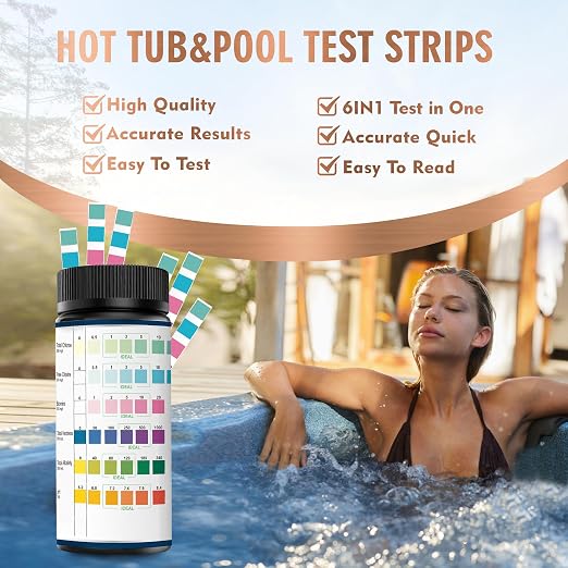 DIPSTIK Pool and Spa Test Strips-6 in 1 Hot Tub Test Strips,100 Counts | Accurate Swimming Water Test for pH, Total Hardness, Bromine, Free Chlorine, and Total Chlorine Test Strips,