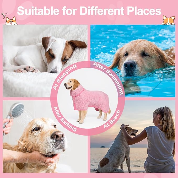 Bienbee Dog Bathrobe, Quick Drying Super Absorbent Dog Robes for After Bath, Warm Keeping Dogs Towel, Dogs Bath Supplies, Pink XL