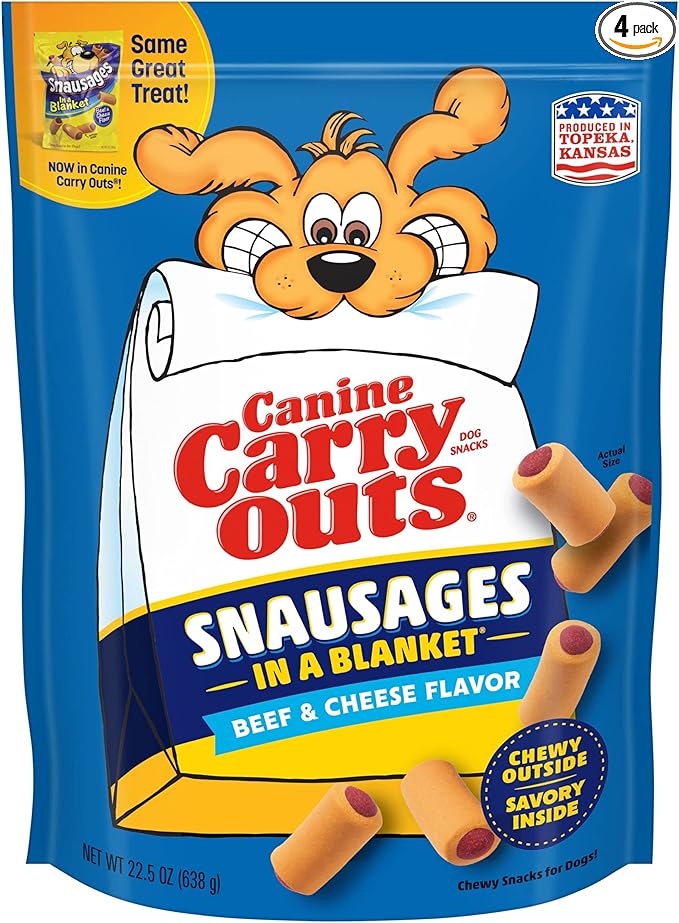Canine Carry Outs Dog Treats, Snausages in a Blanket, Beef & Cheese Flavor, 22.5 Ounce (Pack of 4), Chewy Outside, Savory Inside