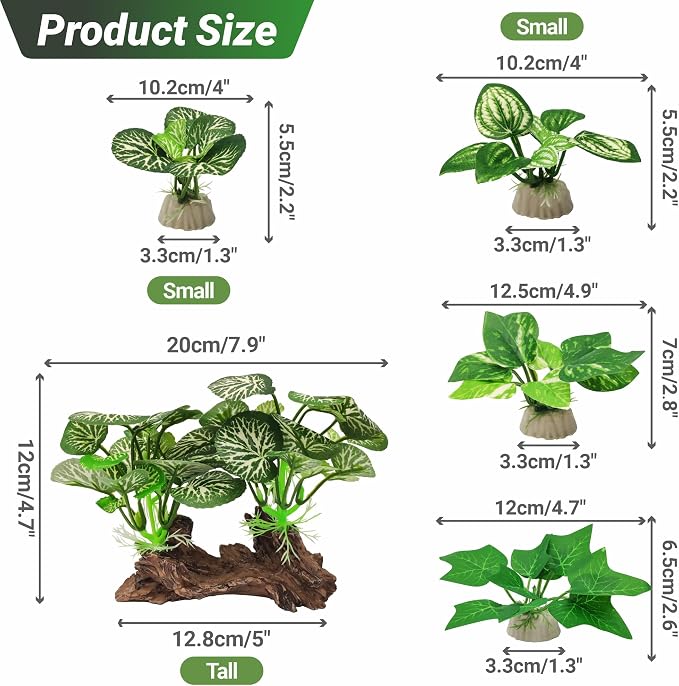 GOZILLA Silk Fish Tank Plants,Reptile Artificial Plant,Reptile Plants for Terrarium,Aquarium Decorations Accessories Set,Resin Driftwood Artificial Silk Aquarium Plant for Fish Tank.(5PCS/D-Set)