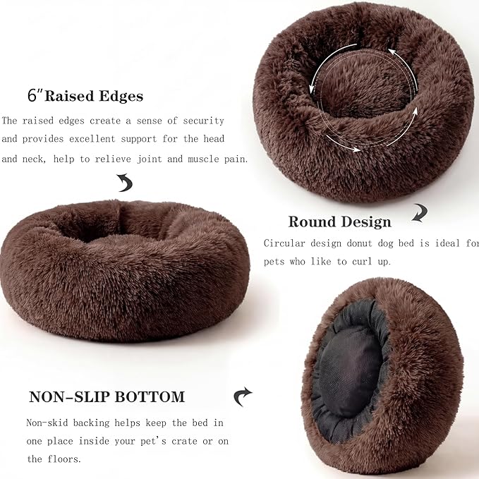 Calming Donut Dogs Beds for Small Dogs Washable,19inch Fluffy Round Puppy Bed for Puppies,Cats & Toy Breeds with Raised Rim,Fits up to 15 lbs Pets,Chocolate Brown