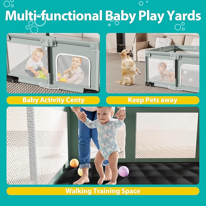 ICAREWAY Foldable Playpen for Babies and Toddlers, 50x50 Inches Portable Playpen, Kids Collapsible Play Pen with 2 Handlers, Indoor & Outdoor Baby Fence Play Area with Visible Mesh, Light Green